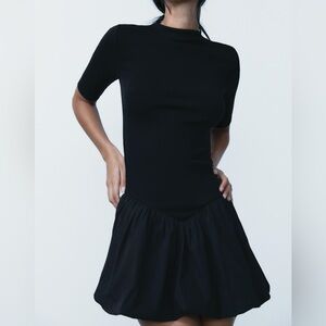 NWT ZARA Drop Waist Combination Poplin Bubble Skirt Dress Small